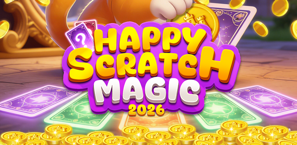 Happy Scratch Magic 2026 game art with scratch cards and golden rewards